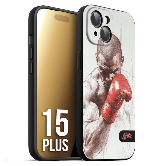 CUSTOMIZZA - Custodia cover nera morbida in tpu compatibile per iPhone 15 PLUS pugilato pugili disegno tattoo guantoni box sport primo piano