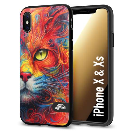 CUSTOMIZZA - Custodia cover nera morbida in tpu compatibile per iPhone X - Xs animali color cat gatto viso colori vibranti disegnato schizzo