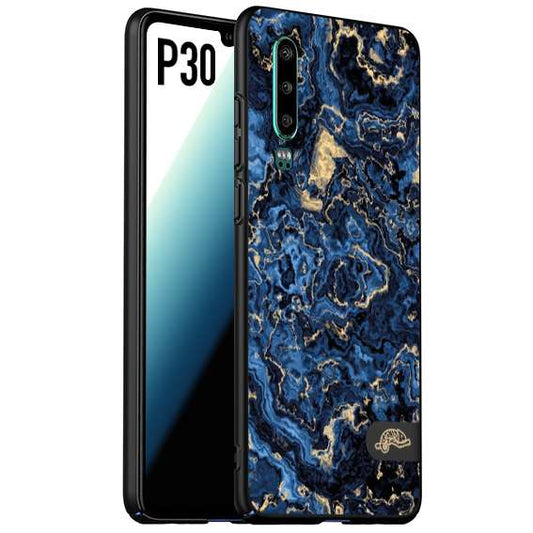 CUSTOMIZZA - Custodia cover nera morbida in tpu compatibile per Huawei P30 effetto marmo marble blu venature dorato psichedelico