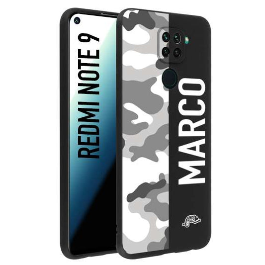 CUSTOMIZZA - Custodia cover nera morbida in tpu compatibile per Xiaomi Redmi Note 9 camouflage mimetico militare personalizzata nome bianco