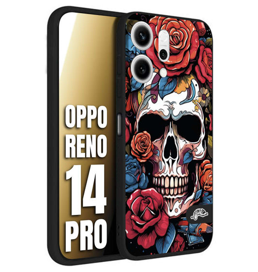 CUSTOMIZZA - Custodia cover nera morbida in tpu compatibile per Oppo Reno 14 PRO teschio skull flowers fiori rose rosse tattoo disegnato