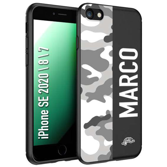 CUSTOMIZZA - Custodia cover nera morbida in tpu compatibile per iPhone 7 - 8 - SE 2020 / 2022 camouflage mimetico militare personalizzata nome bianco