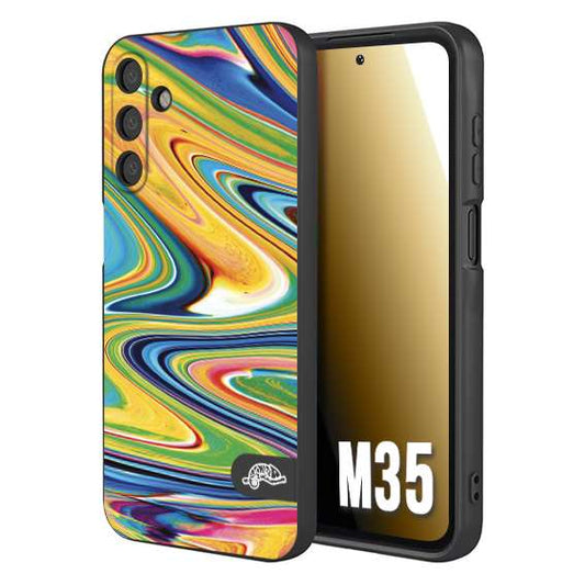 CUSTOMIZZA - Custodia cover nera morbida in tpu compatibile per Samsung M35 colorata fantasia vortice marmo arcobaleno gialla verde blu