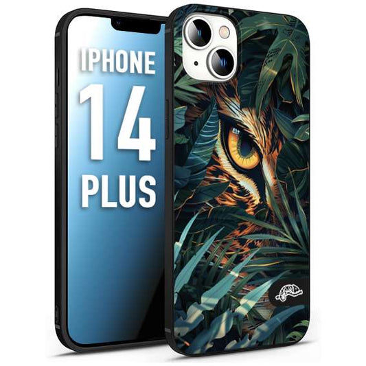 CUSTOMIZZA - Custodia cover nera morbida in tpu compatibile per iPhone 14 PLUS animali color giungla tropicale occhio di giaguaro felino disegnato