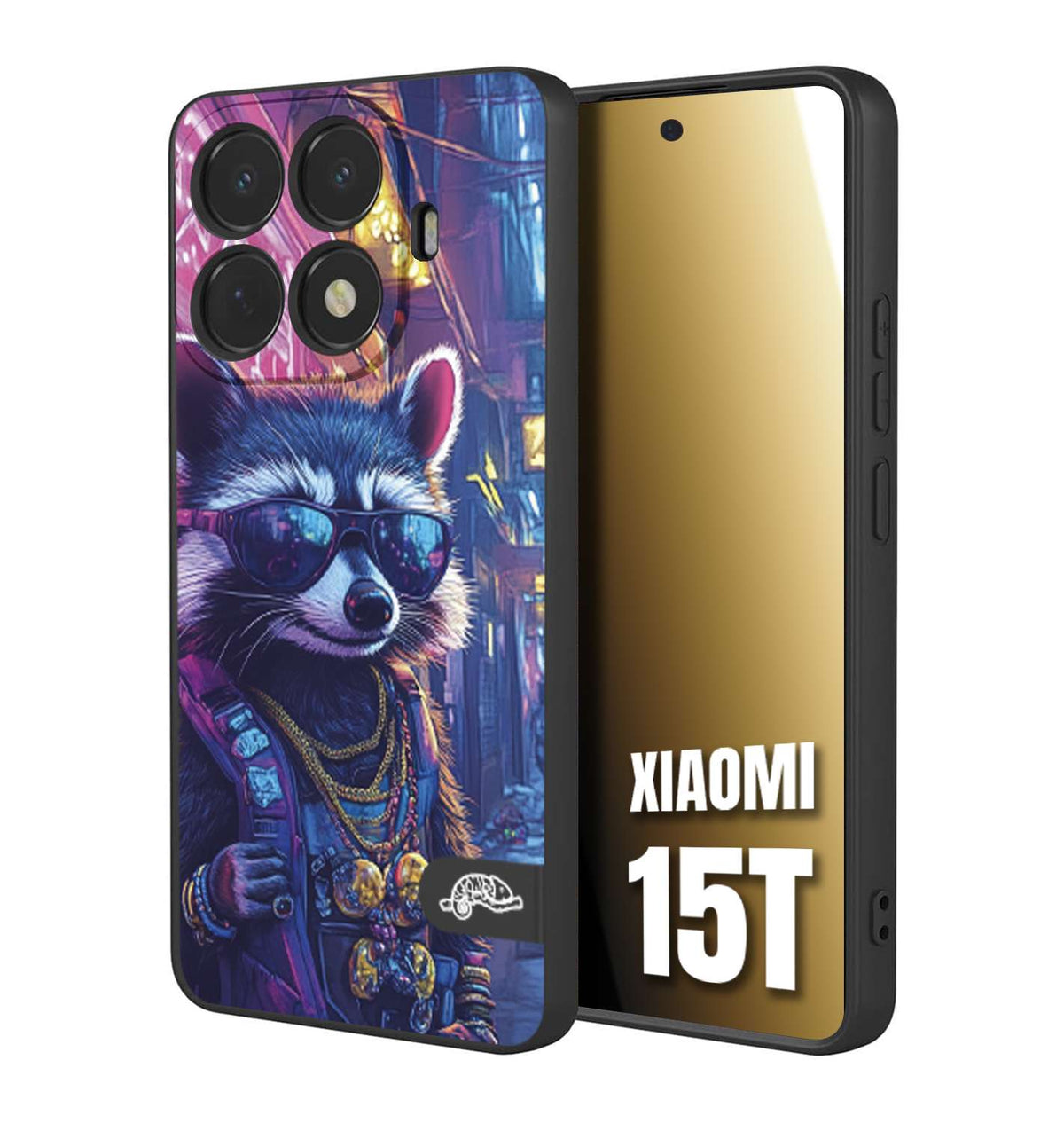CUSTOMIZZA - Custodia cover nera morbida in tpu compatibile per Xiaomi 15T animali simpatici cyberpunk procione racoon street cat fucsia blu giallo