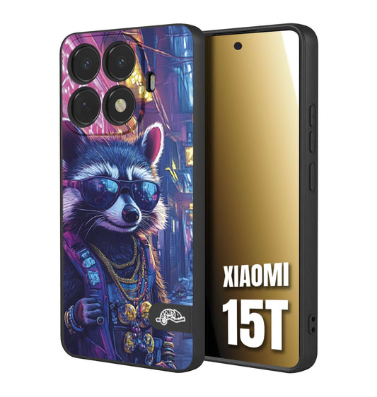 CUSTOMIZZA - Custodia cover nera morbida in tpu compatibile per Xiaomi 15T animali simpatici cyberpunk procione racoon street cat fucsia blu giallo