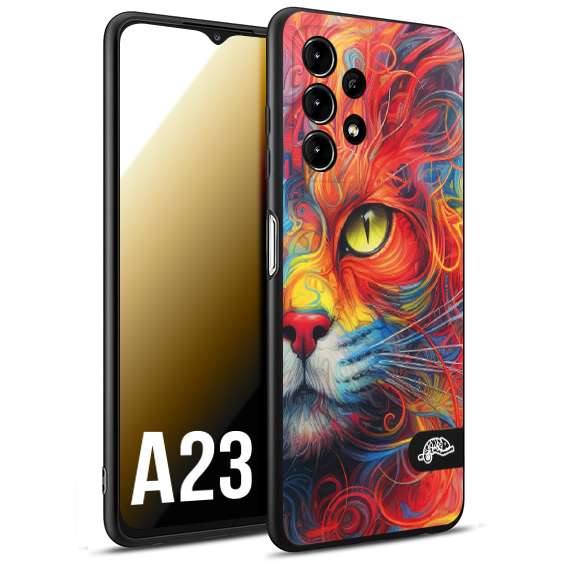 CUSTOMIZZA - Custodia cover nera morbida in tpu compatibile per Samsung A23 animali color cat gatto viso colori vibranti disegnato schizzo