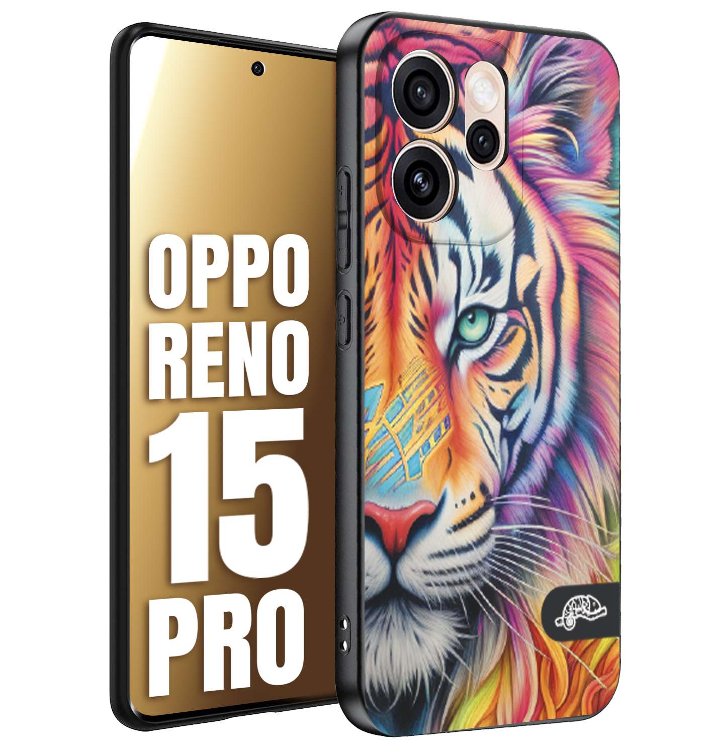 CUSTOMIZZA - Custodia cover nera morbida in tpu compatibile per Oppo Reno 15 PRO animali color tigre tiger viso colori vibranti disegnato schizzo