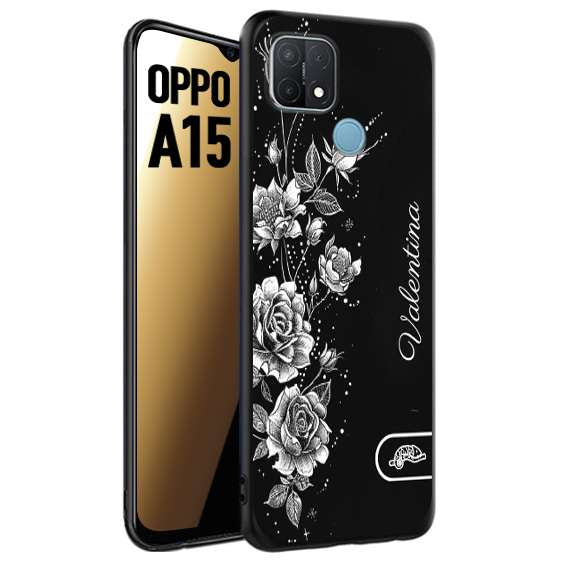 CUSTOMIZZA - Custodia cover nera morbida in tpu compatibile per Oppo A15 a rilievo soft touch personalizzata nome rose fiori donna