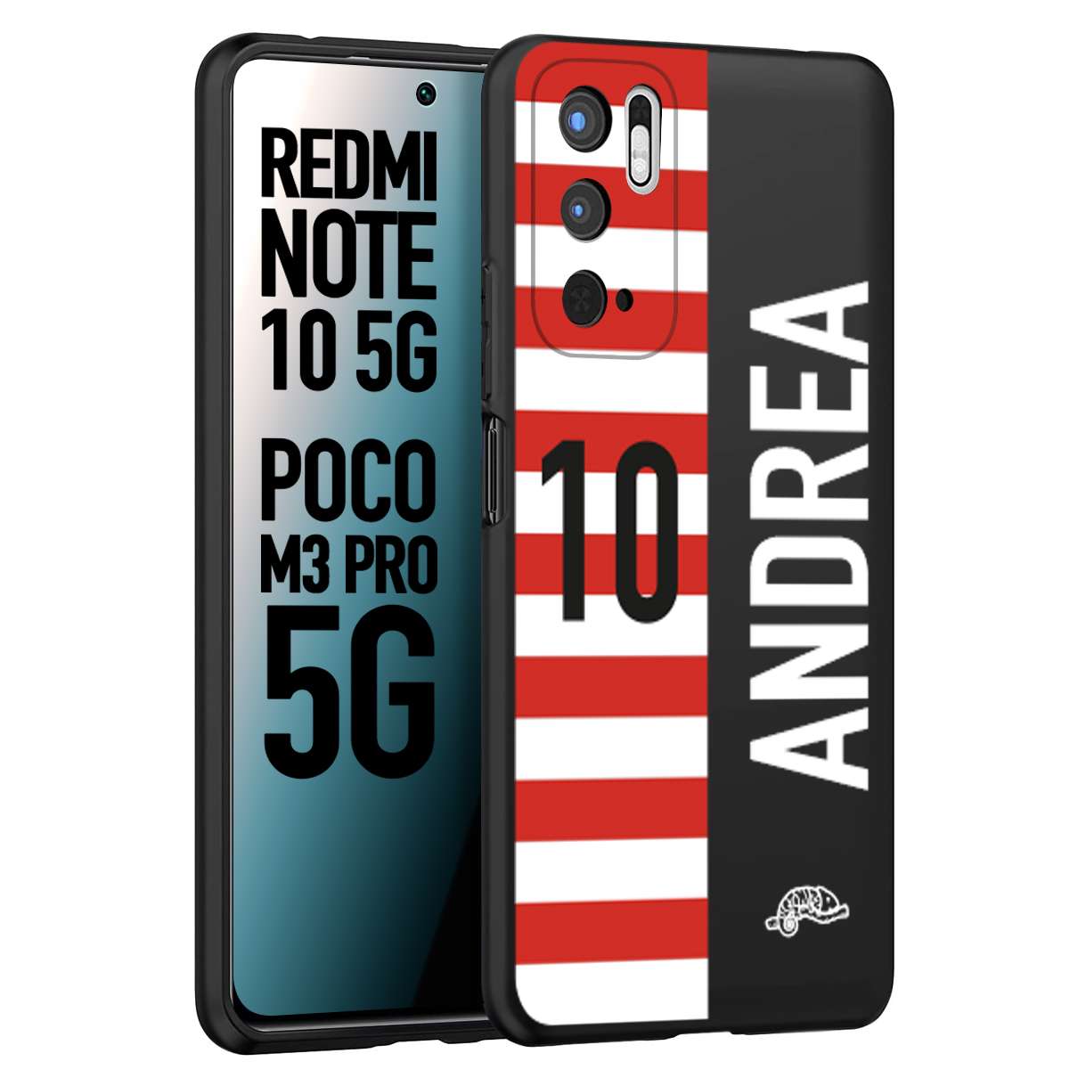 CUSTOMIZZA - Custodia cover nera morbida in tpu compatibile per Xiaomi Redmi Note 10 5G - Poco M3 Pro 5G personalizzata calcio football nome e numero calciatori bianco rossa