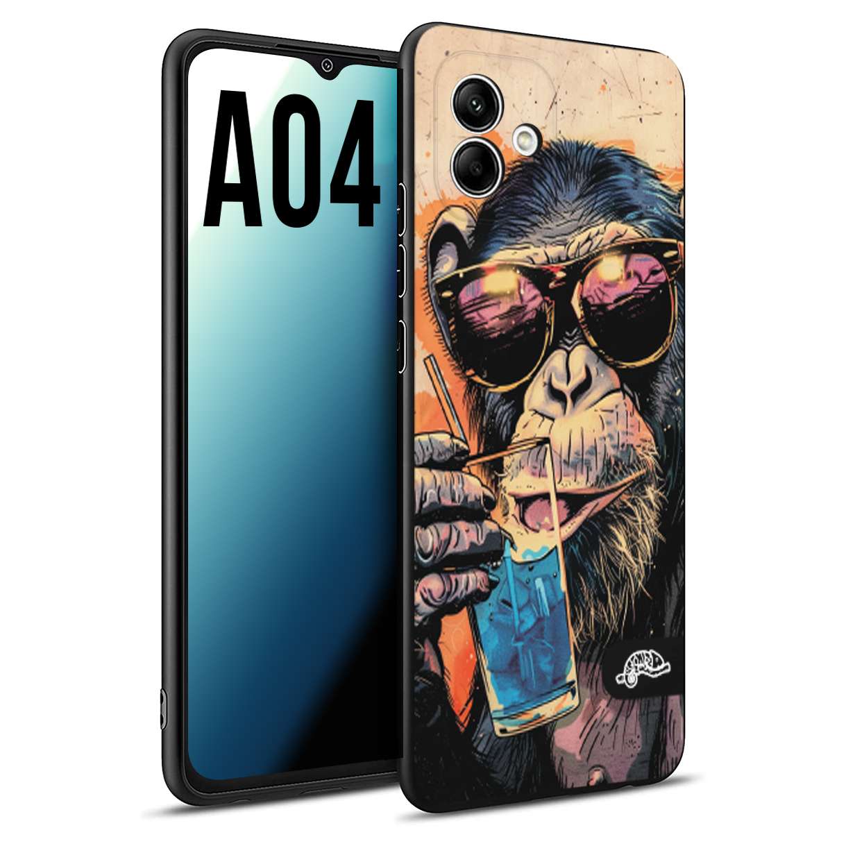 CUSTOMIZZA - Custodia cover nera morbida in tpu compatibile per Samsung A04 estate disegnata cocktails animali simpatici scimmia monkey negroni