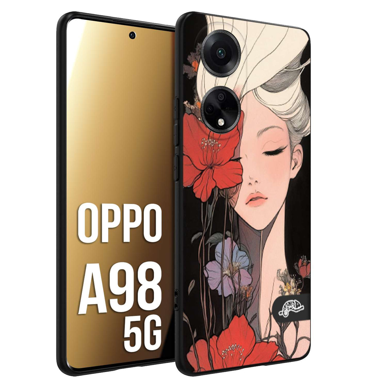 CUSTOMIZZA - Custodia cover nera morbida in tpu compatibile per Oppo A98 5G woman flower Fantasia Floreale Design Donna e Fiori, Retro Artistico