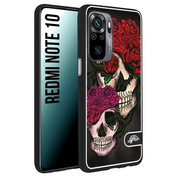 CUSTOMIZZA - Custodia cover nera morbida in tpu compatibile per Xiaomi Redmi Note 10 teschi e rose rosse fucsia skull and roses