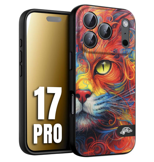 CUSTOMIZZA - Custodia cover nera morbida in tpu compatibile per iPhone 17 PRO animali color cat gatto viso colori vibranti disegnato schizzo