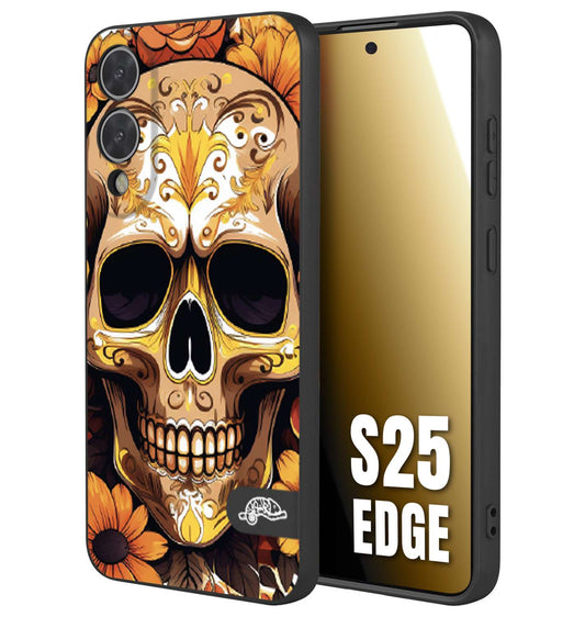 CUSTOMIZZA - Custodia cover nera morbida in tpu compatibile per Samsung S25 EDGE teschio messicano colorato dorato fiori tattoo disegnato