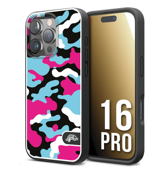 CUSTOMIZZA - Custodia cover nera morbida in tpu compatibile per iPhone 16 PRO camouflage mimetico militare fucsia celeste