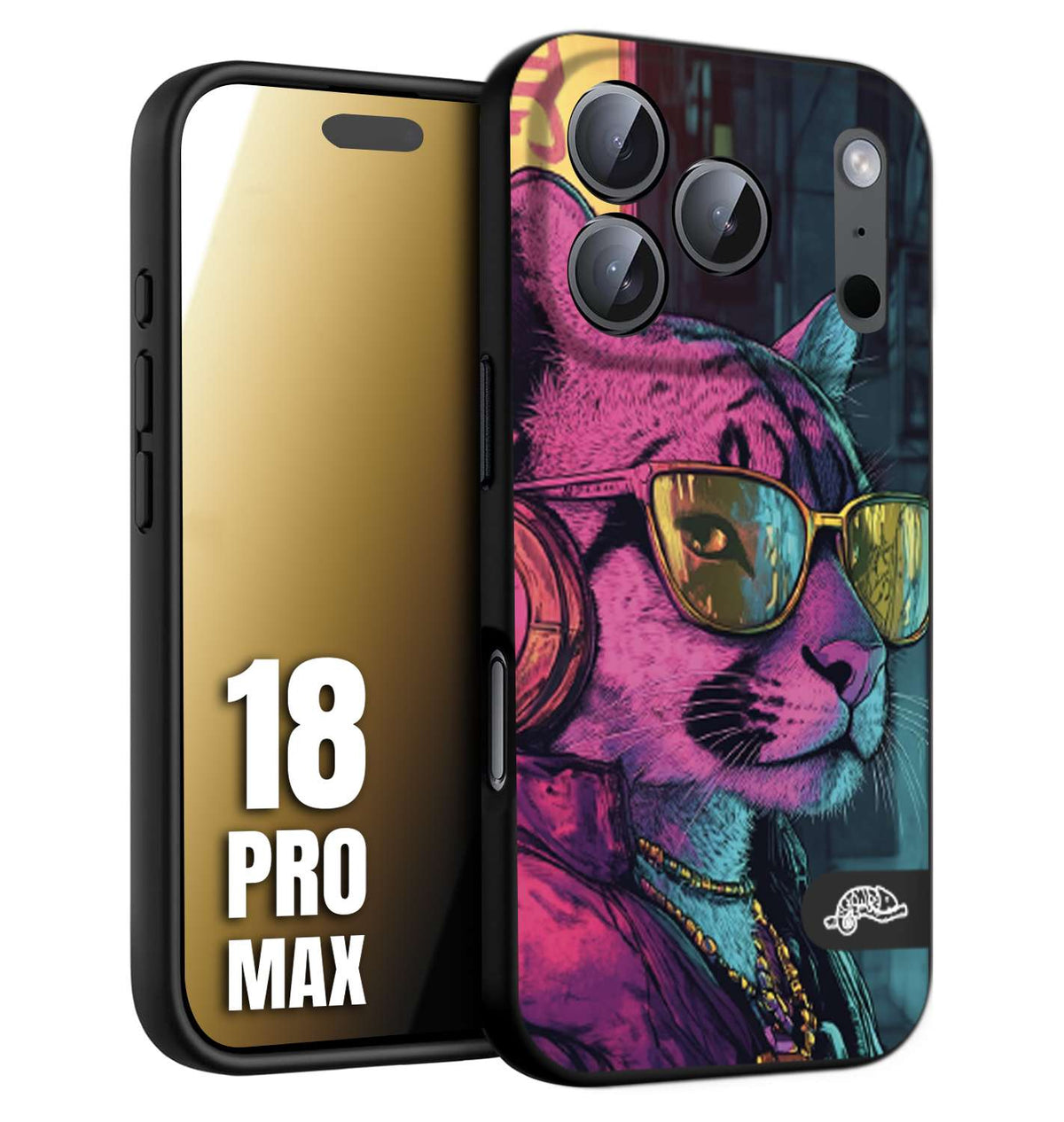 CUSTOMIZZA - Custodia cover nera morbida in tpu compatibile per iPhone 18 PRO MAX animali cyberpunk pantera street cat fucsia blu giallo