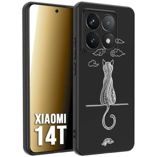 CUSTOMIZZA - Custodia cover nera morbida in tpu compatibile per Xiaomi 14T gatto mandala stilizzato gattino a rilievo soft touch donna bianca