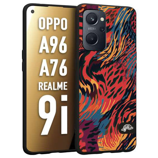 CUSTOMIZZA - Custodia cover nera morbida in tpu compatibile per Realme 9i - A96 - A76 leopardato maculato tigrato colorata fiamme rossa blu arancione