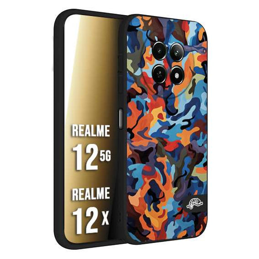 CUSTOMIZZA - Custodia cover nera morbida in tpu compatibile per Realme 12 5G - 12X camouflage mimetico militare moderno blu arancio rosso