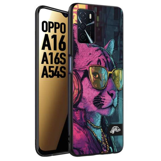 CUSTOMIZZA - Custodia cover nera morbida in tpu compatibile per Oppo A16 - A16S - A54S animali cyberpunk pantera street cat fucsia blu giallo
