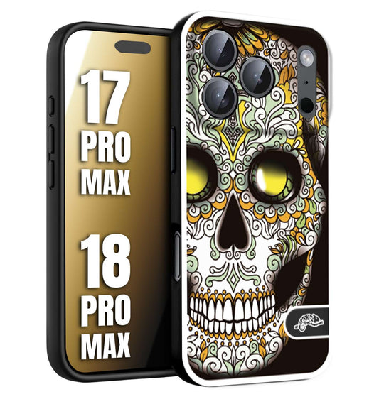 CUSTOMIZZA - Custodia cover nera morbida in tpu compatibile per iPhone 17 PRO MAX - 18 PRO MAX teschio messicano Mexican skull bianco verde giallo