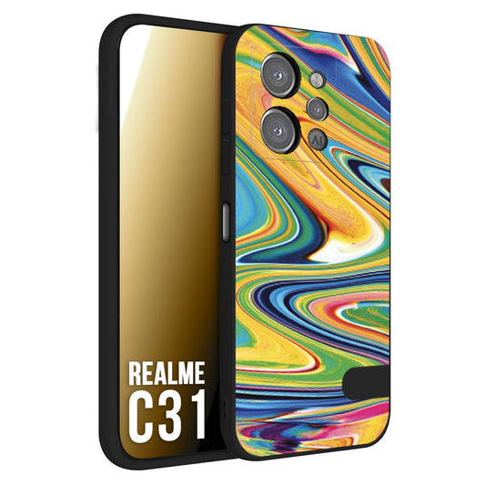CUSTOMIZZA - Custodia cover nera morbida in tpu compatibile per Realme C31 colorata fantasia vortice marmo arcobaleno gialla verde blu