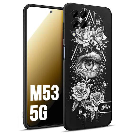 CUSTOMIZZA - Custodia cover nera morbida in tpu compatibile per Samsung M53 5G occhio fiori rombo geometrico black and white bianco a rilievo disegnato tattoo tatuaggio