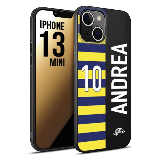 CUSTOMIZZA - Custodia cover nera morbida in tpu compatibile per iPhone 13 MINI personalizzata calcio football nome e numero calciatori giallo blu