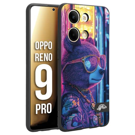 CUSTOMIZZA - Custodia cover nera morbida in tpu compatibile per Oppo Reno 9 PRO animali cyberpunk orsetto orso street bear fucsia blu night