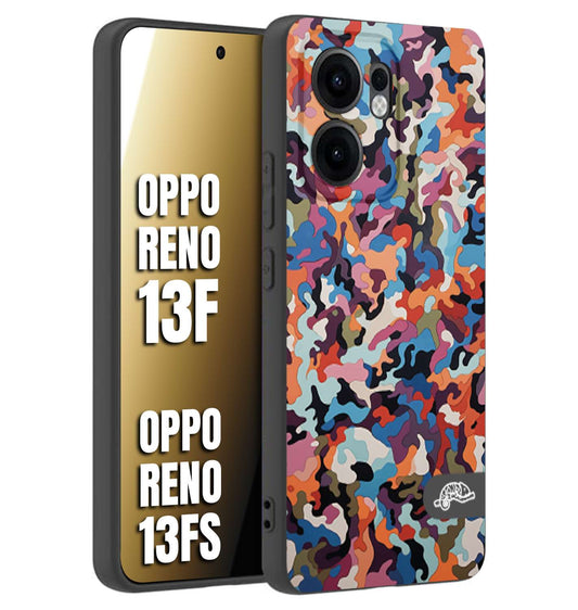 CUSTOMIZZA - Custodia cover nera morbida in tpu compatibile per Oppo Reno 13 F camouflage mimetico militare moderno blu arancio rosa