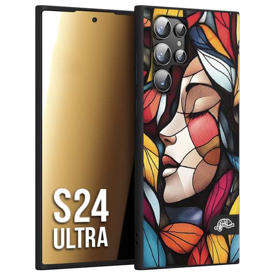 CUSTOMIZZA - Custodia cover nera morbida in tpu compatibile per Samsung S24 ULTRA Vetrata artistica volto di donna profilo fogliare mosaico di vetro colorato