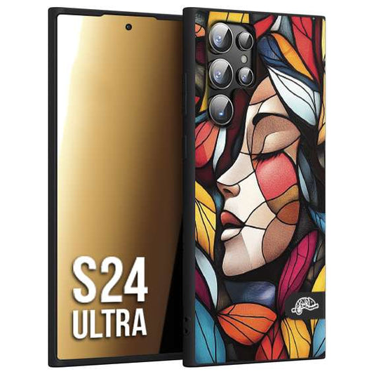 CUSTOMIZZA - Custodia cover nera morbida in tpu compatibile per Samsung S24 ULTRA Vetrata artistica volto di donna profilo fogliare mosaico di vetro colorato
