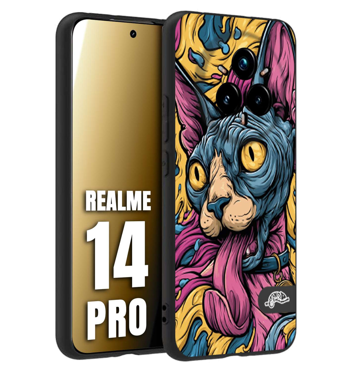 CUSTOMIZZA - Custodia cover nera morbida in tpu compatibile per Realme 14 PRO Sphynx Colorato Pop Art Psichedelico Gatto Blu Rosa Giallo Artistica Fantasy