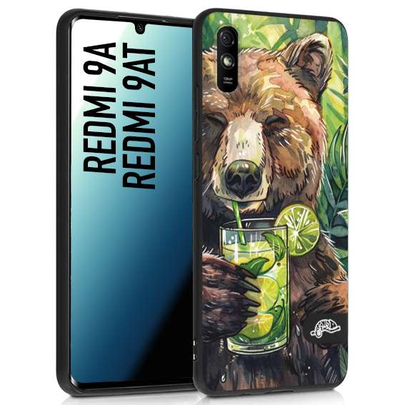 CUSTOMIZZA - Custodia cover nera morbida in tpu compatibile per Xiaomi Redmi 9A - 9AT estate disegnata cocktails animali simpatici orso bear negroni