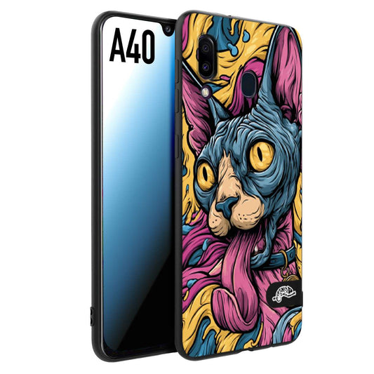 CUSTOMIZZA - Custodia cover nera morbida in tpu compatibile per Samsung A40 Sphynx Colorato Pop Art Psichedelico Gatto Blu Rosa Giallo Artistica Fantasy