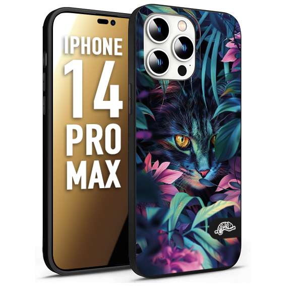 CUSTOMIZZA - Custodia cover nera morbida in tpu compatibile per iPhone 14 PRO MAX animali color giungla tropicale occhio di gatto colori vibranti disegnato