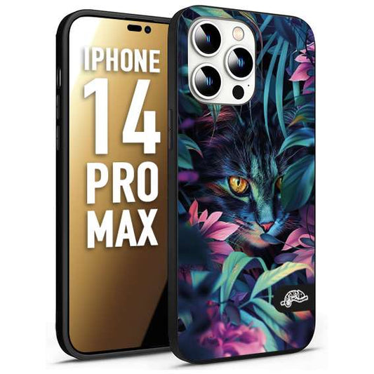 CUSTOMIZZA - Custodia cover nera morbida in tpu compatibile per iPhone 14 PRO MAX animali color giungla tropicale occhio di gatto colori vibranti disegnato