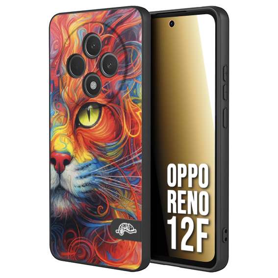 CUSTOMIZZA - Custodia cover nera morbida in tpu compatibile per Oppo Reno 12F animali color cat gatto viso colori vibranti disegnato schizzo