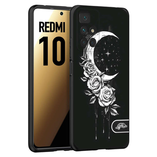 CUSTOMIZZA - Custodia cover nera morbida in tpu compatibile per Xiaomi Redmi 10 luna e fiori moon flowers black and white bianco a rilievo disegnato