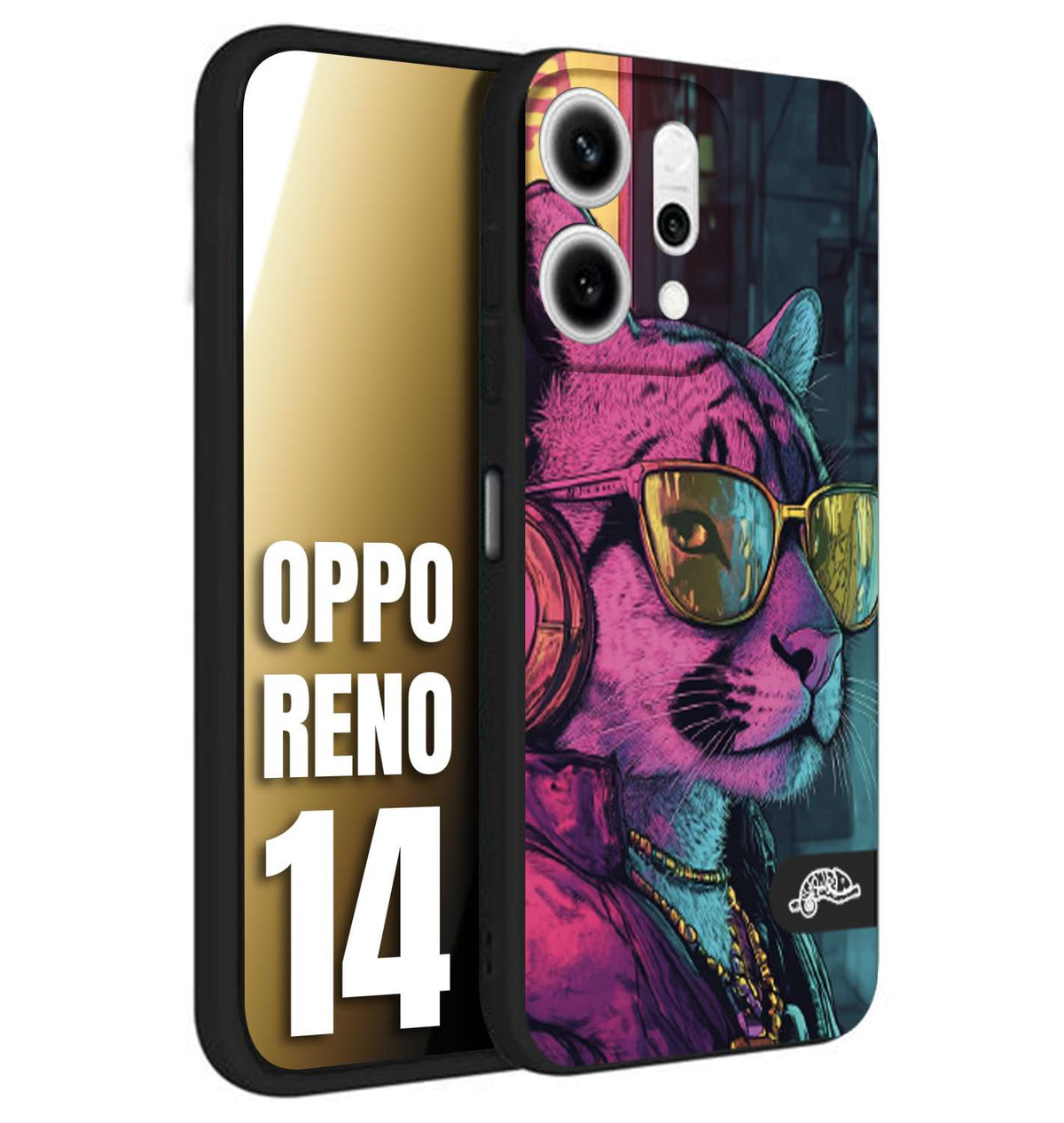 CUSTOMIZZA - Custodia cover nera morbida in tpu compatibile per Oppo Reno 14 animali cyberpunk pantera street cat fucsia blu giallo