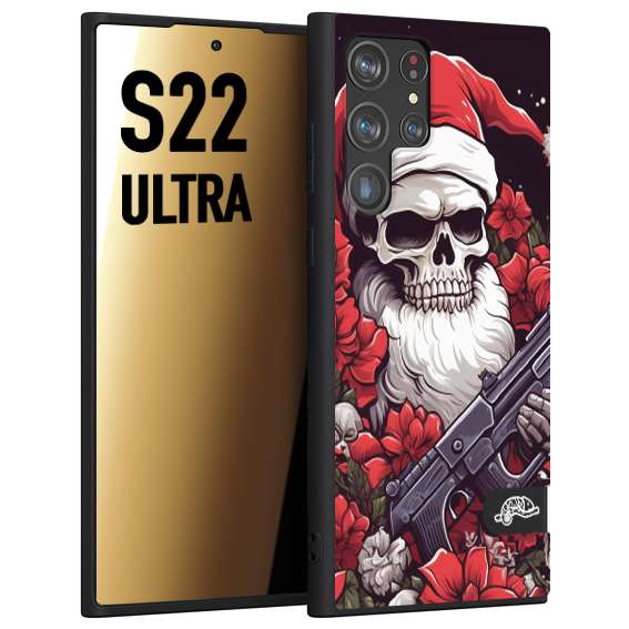 CUSTOMIZZA - Custodia cover nera morbida in tpu compatibile per Samsung S22 ULTRA teschio natale santa claus fiori tattoo disegnato