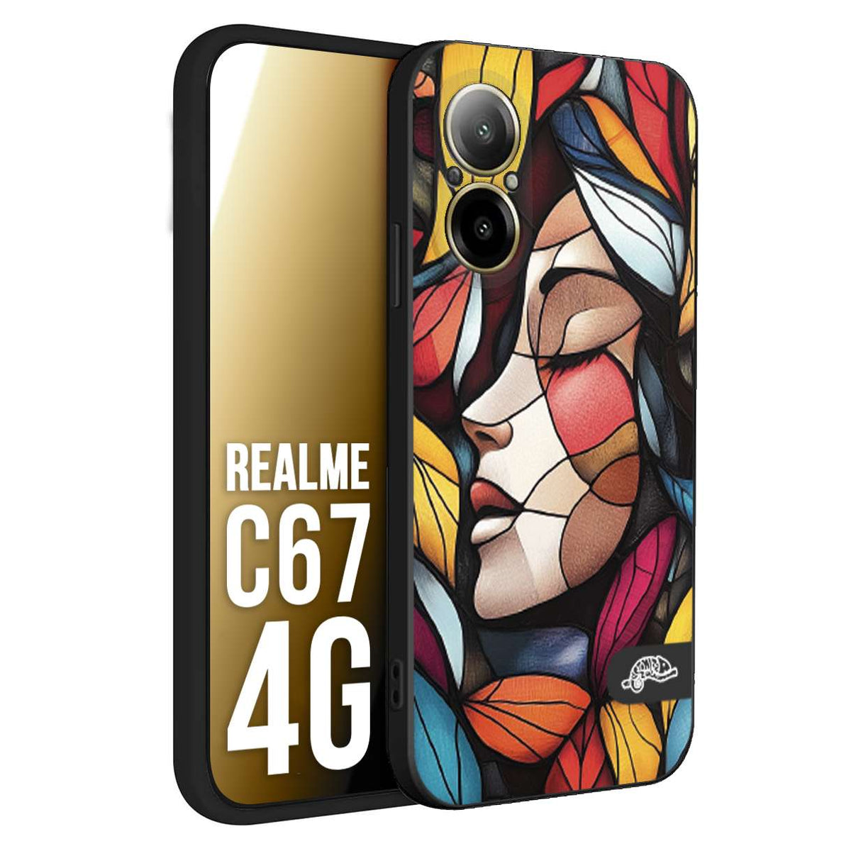CUSTOMIZZA - Custodia cover nera morbida in tpu compatibile per Realme C67 4G Vetrata artistica volto di donna profilo fogliare mosaico di vetro colorato