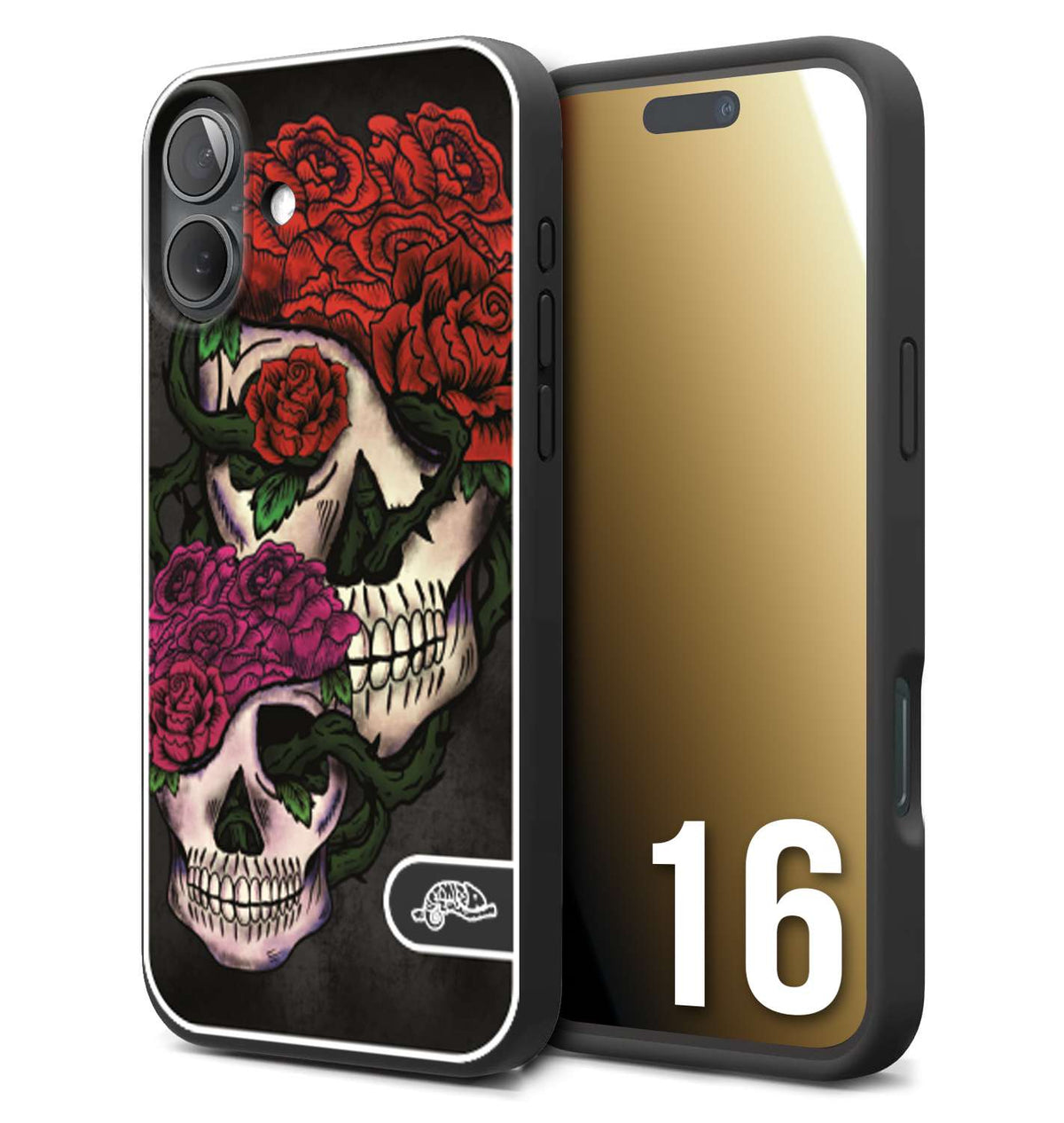 CUSTOMIZZA - Custodia cover nera morbida in tpu compatibile per iPhone 16 teschi e rose rosse fucsia skull and roses