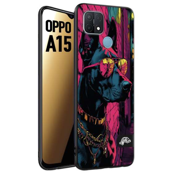 CUSTOMIZZA - Custodia cover nera morbida in tpu compatibile per Oppo A15 animali cyberpunk dobermann cane street dog fucsia blu