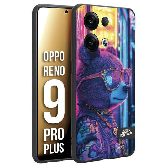 CUSTOMIZZA - Custodia cover nera morbida in tpu compatibile per Oppo Reno 9 PRO PLUS animali cyberpunk orsetto orso street bear fucsia blu night