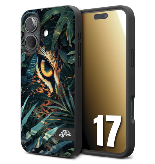 CUSTOMIZZA - Custodia cover nera morbida in tpu compatibile per iPhone 17 animali color giungla tropicale occhio di giaguaro felino disegnato