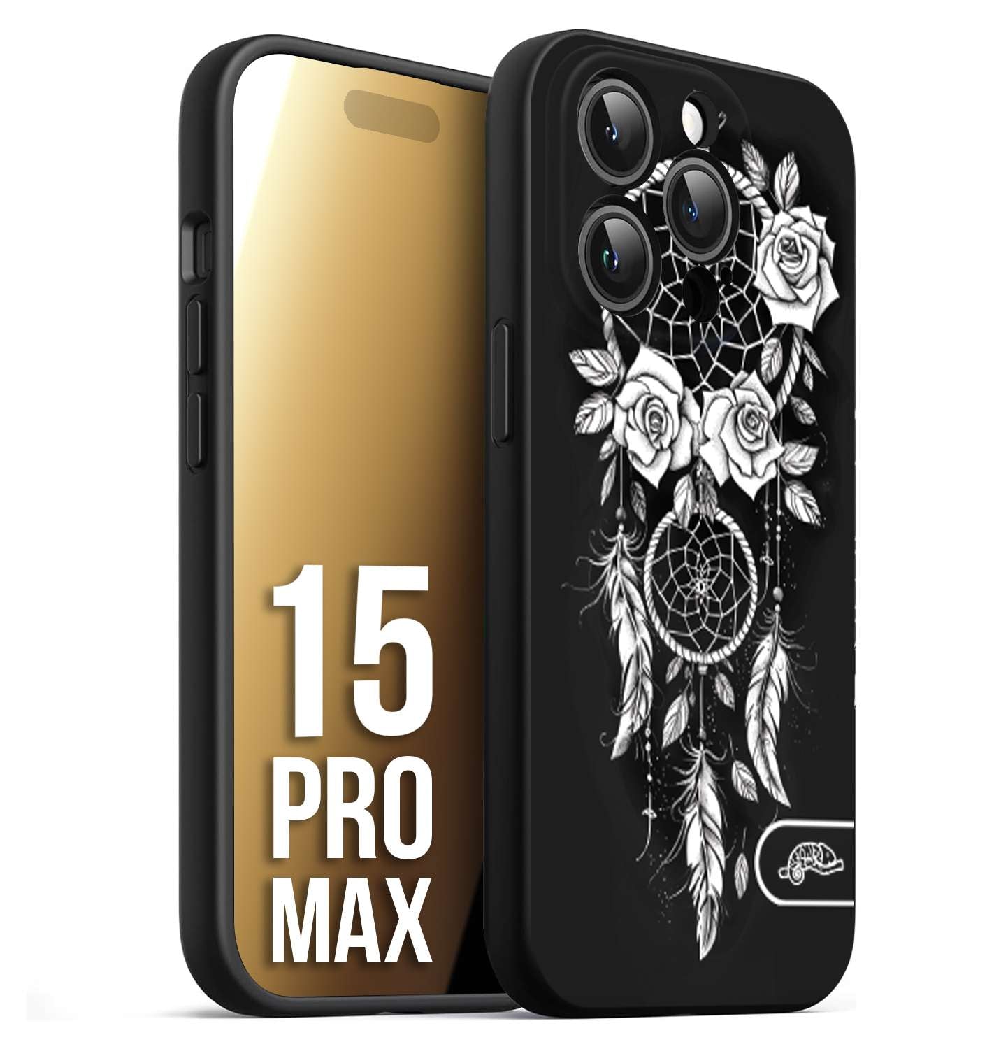 CUSTOMIZZA - Custodia cover nera morbida in tpu compatibile per iPhone 15 PRO MAX acchiappasogni dreamcatcher black and white bianco a rilievo disegnato tattoo tatuaggio