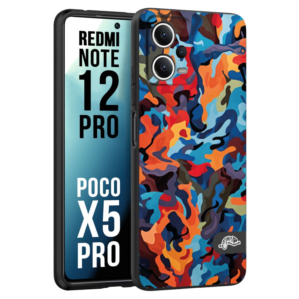 CUSTOMIZZA - Custodia cover nera morbida in tpu compatibile per Xiaomi Redmi Note 12 PRO - POCO X5 PRO camouflage mimetico militare moderno blu arancio rosso