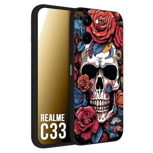 CUSTOMIZZA - Custodia cover nera morbida in tpu compatibile per Realme C33 teschio skull flowers fiori rose rosse tattoo disegnato